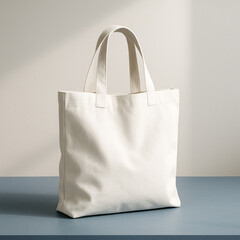 White Tote Bag Mockup – Sitting on Blue Table