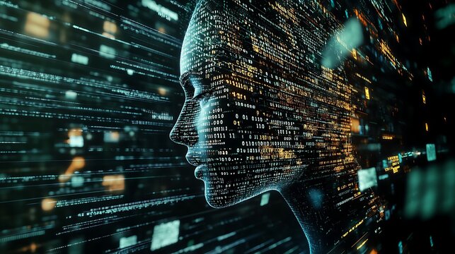 An abstract human visage emerging from digital field