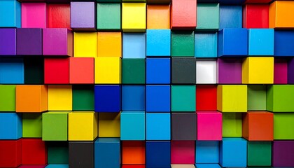 A vibrant, textured wall comprised of brightly colored, three-dimensional cubes in a seemingly random pattern