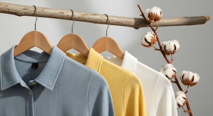Three shirts in soft pastel colors hang on wooden hangers. Cotton flowers add a touch of natural beauty to the scene.