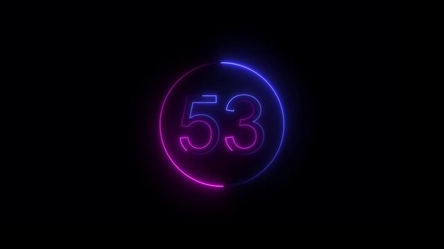 Glowing Neon 53 Countdown Timer Icon. Cyber Neon 53 Progress Number Bright glowing Energy Light Effect on black background.