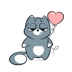 A cartoon cat stands with a relaxed expression while holding a pink heart-shaped balloon. The character has a soft gray color and a plump, adorable body, creating a joyful scene