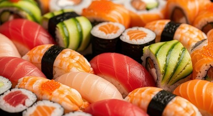 Assorted sushi rolls and pieces on a platter