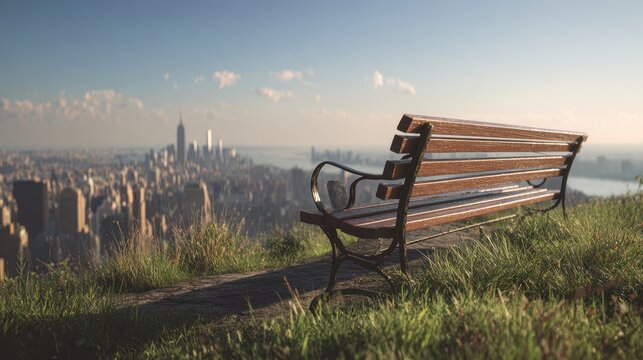 Serene Bench Overlooking Distant Cityscape with Grass and Sky - Powered by Adobe