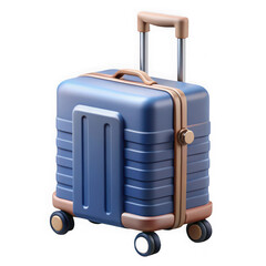 A modern blue carry on suitcase with brown accents and a retractable handle isolated on transparent background