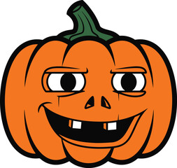 A whimsical illustration of an orange pumpkin with a cartoonish, grinning face. The pumpkin has large eyes and a wide, toothy smile, perfect for Halloween designs or autumnal themes.