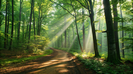 Sunlight streams through a lush green forest path
