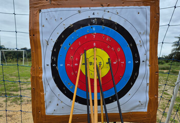 Arrows hitting the center of an archery target during practice
