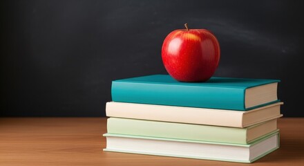 Red apple on stack of books symbolizing education and knowledge