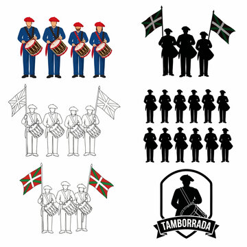 Tamborrada festival drummers playing with Basque flags illustration
