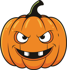 A mischievous cartoon pumpkin with a wicked grin, jagged teeth, and menacing eyes. 