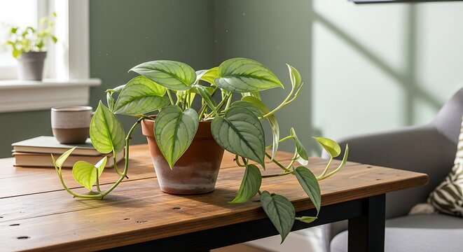 Silver Satin Pothos Plant in Brown Pot on Wooden Table.