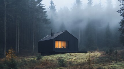Cozy dark cabin nestled in a misty atmospheric forest at dusk