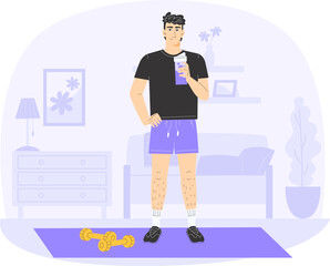 Man exercising at home on yoga mat during fitness training for healthy lifestyle