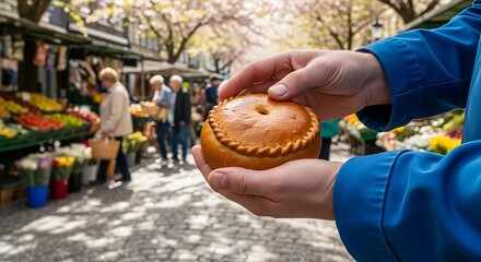 Person holding a savory hand pie at a market.
