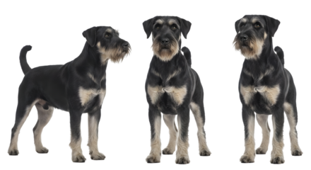 Three Jagdterriers stand against a white background, showcasing their distinctive black and tan coats and alert expressions.