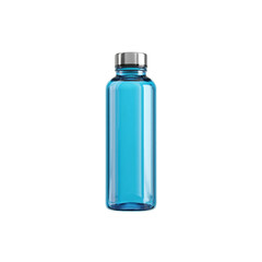Light blue water bottle with stainless steel cap isolated on a transparent background, in a PNG format