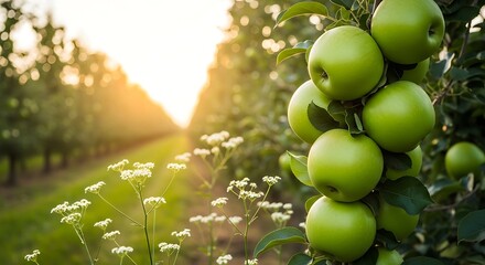 Green apples ripen on a branch in an orchard at sunset