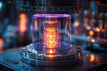 Metal object glowing in purple light.