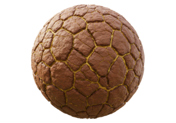 Isolated sphere of textured cracked red rock with golden seams on a neutral background