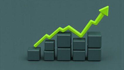 Digital illustration of a bar chart with a bright neon green upward-pointing arrow. The chart consists of six dark green, three-dimensional cubes stacked in ascending order from left to right. The