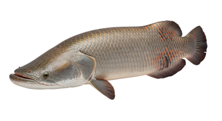 Arapaima, a large, air-breathing freshwater fish native to the Amazon and Orinoco basins, is depicted in a studio shot.
