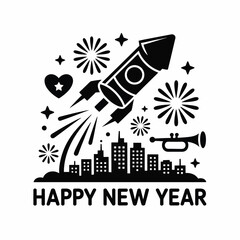 Naklejka premium Rocket launch over cityscape with fireworks and trumpet celebration new year