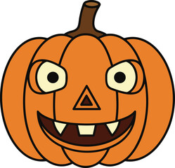 A digital illustration of a grinning jack-o'-lantern pumpkin, rendered in a pixel art style. The pumpkin is orange with a carved triangular nose and wide, toothy grin. Its eyes are large and round. 