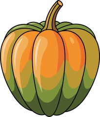 A digital illustration of a pumpkin in pixel art style. The pumpkin is predominantly orange and yellow on top, transitioning to green at the bottom. It has a brown stem.