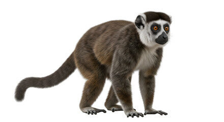 Fototapeta premium A full body studio shot of a lemur with brown fur, white face markings, and orange eyes, standing on all fours against a white background.
