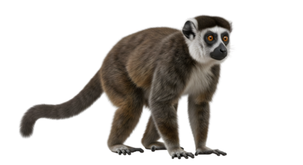 A full body studio shot of a lemur with brown fur, white face markings, and orange eyes, standing on all fours against a white background.