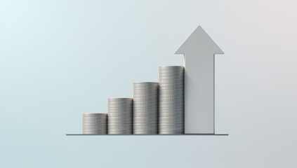 Minimalist digital illustration of a bar chart. Four silver-gray, cylindrical coin stacks of varying heights are positioned from left to right on a flat, gray horizontal line. The tallest stack is on