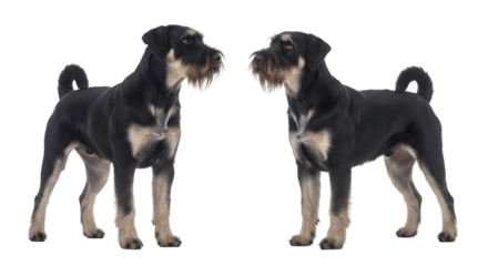 Two identical black and tan Jagdterrier dogs with wiry beards standing on a white background, facing each other.