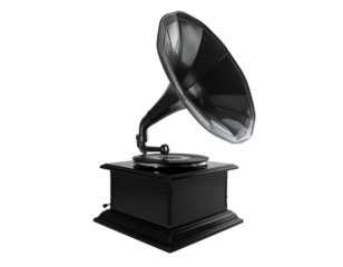  “Minimalist Silhouette of Vintage Gramophone, isolated on transparent background”.