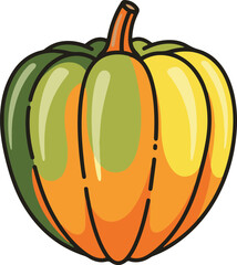 A vibrant, pixelated illustration of a pumpkin, split into two-toned sections of green and orange-yellow. The simple design evokes a sense of autumnal warmth and harvest bounty.