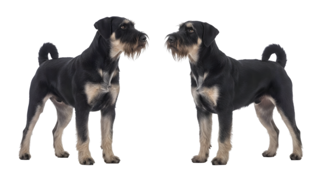 Two identical black and tan Jagdterrier dogs with wiry beards standing on a white background, facing each other.
