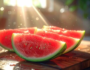 Ripe Watermelon Slices on Wood Board Under Bright Sunlight Still Life
