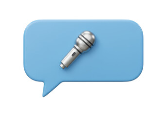 Isolated microphone on blue speech bubble, podcasting and recording media, voice chat