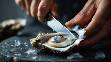 Hands opening an oyster