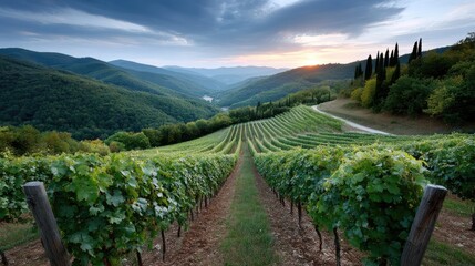 Vivid sunset colors envelop a vineyard, highlighting the lush grapevines and mountains, creating a peaceful and tranquil atmosphere.