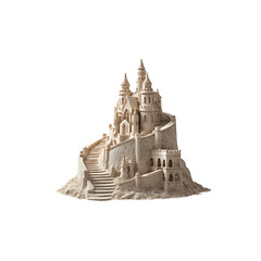 Detailed sandcastle with towers and stairs isolated on a transparent background, in a PNG format