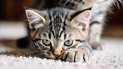 Close Up Tabby Kitten Resting on Paw Green Eyes Soft Beige Carpet Adorable Pet Portrait Background