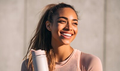 Radiant Athletic Womans Joyful Smile in Warm Golden Hour Sunlight.