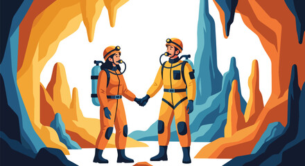 Flat style illustration of a couple exploring a cave with helmets and headlamps, symbolizing adventure, teamwork, discovery, and an active lifestyle in nature and underground exploration