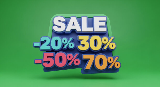 Exciting summer sale offers up to 70% off with vibrant 3D lettering against a bold green background