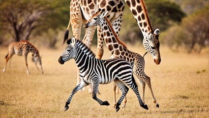 Obraz premium Zebra Foal Galloping Past Young Giraffes Across Golden Savanna Warm Sunlight African Wildlife Action Scene