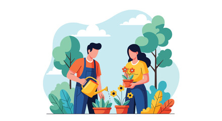 Flat style illustration of a couple gardening together, watering plants and holding flowers in pots, symbolizing teamwork, sustainability, relaxation, and a healthy eco-friendly lifestyle outdoors