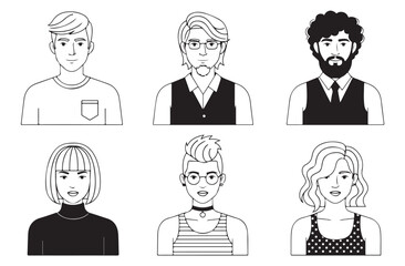 Diverse group of six people in line art portraits with different hairstyles and clothing women