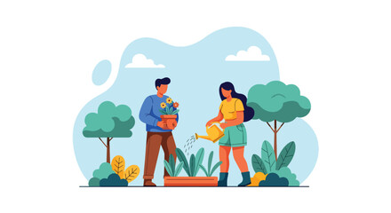 Flat style illustration of a couple gardening together, watering plants and holding flowers in pots, symbolizing teamwork, sustainability, relaxation, and a healthy eco-friendly lifestyle outdoors