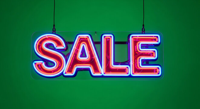 Vibrant sale neon sign against a bright green wall announces limited time offers and promotional deals